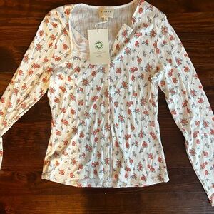 Sezane White and Red Floral Long Sleeve Top